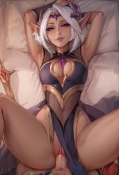 1boy 1boy1girl 1girls absurd_res ai_generated anaslex cleavage cleavage_cutout dark-skinned_female dark_elf dark_skin dress dungeons_3 elf elf_ears elf_female hi_res missionary_position pelvic_curtain penetration pointy_ears pov purple_eyes sex thalya thighs vaginal_penetration white_hair