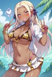 1girl ai_generated bikini bimbo blonde_hair blush boris_(noborhys)_(style) bracelets civitai ear_piercing edelgard_von_hresvelg fire_emblem fire_emblem:_three_houses gal gyaru gyaru_gal gyarufication gyarufied hair_ribbon heart high_thong kuro_gyaru leopard_print_bikini lipstick long_hair makeup medium_breasts miniskirt nintendo open_shirt pink_hair pink_nails shirt solo_focus tanned_skin teenage_girl teenager thong thong_straps two_tone_hair v_sign yellow_eyes