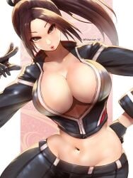 1girls black_clothing brown_eyes brown_hair fatal_fury fatal_fury:_city_of_the_wolves king_of_fighters large_breasts light-skinned_female mai_shiranui massive_breasts peace_sign solo yotastar zipper_down