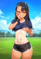 ai_generated black_hair breast_grab crop_top dolphin_shorts female_focus female_only field gold_eyes grin gym_uniform hair_ornament hand_on_breast hayase_nagatoro lewd looking_at_viewer navel outdoors outside please_don't_bully_me,_nagatoro seductive_look small_breasts smile smirk sweaty sweaty_body tight_clothing wanting_sex wristband