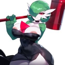 1girls ai_generated areola_slip areolae breasts choker cleavage collarbone dress gardevoir gen_3_pokemon green_hair hair_over_one_eye holding huge_breasts looking_at_viewer no_humans pokemon pokemon_(creature) pokemon_(species) racerai red_eyes short_hair smile solo strapless striped thick_thighs umbrella