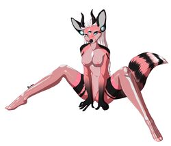 anthro bourbon._(artist) breasts canine dragon female fox fur hair horn hybrid mammal nipples pink_fur pussy simple_background smile solo white_background white_hair