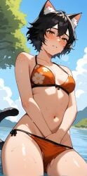 ai_generated bankonit black_hair blush blush cat_ears catgirl dripping floral_print freckles freckles_on_chest freckles_on_face hand_down_panties lake masturbation masturbation_through_clothing medium_breasts midriff navel original_character outdoors parted_lips pleasure short_hair smile stable_diffusion swimsuit tail wet yellow_eyes