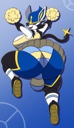 absurd_res anthro bottomwear bulge cheering cheerleader cinderace clothing edit edited footwear fusion futanari generation_4_pokemon generation_8_pokemon hi_res luxray mechaclank nintendo original_character pokemon pokemon_(species) shirt simple_background skirt socks solo tank_top topwear