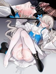 after_fellatio commission crystallize cum heterochromia highres isekaijoucho kamitsubaki_studio long_hair lying on_back open_mouth penis pussy shoes single_shoe torn_clothes