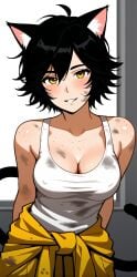 ai_generated bankonit bare_shoulders black_hair catgirl cleavage jumpsuit jumpsuit_around_waist leaning_forward medium_breasts nipples nipples_visible_through_clothing short_hair smile stable_diffusion tail tank_top yellow_eyes