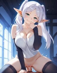 ai_generated cum_in_pussy cum_in_pussy detached_sleeves earrings elf frieren frieren_beyond_journey's_end green_eyes hand_over_mouth illustrious_(stable_diffusion) large_breasts looking_at_viewer payop pointy_ears pov smirk smug sousou_no_frieren tank_top thighhighs vaginal_sex white_hair