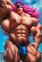 abs ai_generated ambush_(trap) armpit_hair bulge chest_hair extreme_muscles genderswap_(ftm) hairy_armpits hairy_arms hairy_chest hyper_muscles male male_only muscular muscular_futanari muscular_male poison_(final_fight) rule_63 sewoh solo street_fighter