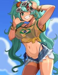 1girls ass big_ass big_thighs bikini brazil brazilian brazilian_female brazilian_miku breasts cyan_eyes cyan_hair female female_only hatsune_miku huge_ass huge_thighs latin_american_hatsune_miku_(meme) long_hair looking_at_viewer medium_breasts nico-mo shirt shorts solo tagme tan tan_body thick_hips thick_thighs thighs twintails vocaloid yellow_shirt