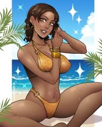 1girls beach bikini brown_eyes brown_hair capcom dangerousbride dark-skinned_female dark_skin earrings female female_only looking_at_viewer o-ring o-ring_bikini orange_bikini resident_evil resident_evil_5 seaside sheva_alomar sitting smiling smiling_at_viewer solo sparkles very_high_resolution