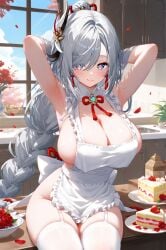 absurd_res ai_generated alternate_costume apron armpits arms_behind_head arms_up bangs blush braid braided_ponytail breasts cake cleavage closed_mouth female flower food frilled_apron frills genshin_impact heart heart-shaped_pupils indoors large_breasts looking_at_viewer ministro naked_apron petals plate ponytail shenhe_(genshin_impact) sitting smile solo symbol-shaped_pupils thighhighs thighs white_apron white_thighhighs window