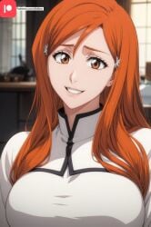 aged_up ai_generated big_breasts bleach fully_clothed inoue_orihime large_breasts long_hair milf red_eyes red_hair redhead smile tight_clothing tktbro very_long_hair