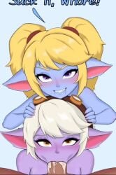 1boy 2girls assisted_fellatio blonde_hair blowjob blowjob_face comic cum cum_in_mouth cum_on_mouth dark-skinned_male dark_skin deepthroat forced forced_blowjob forced_oral gray_hair hand_on_head league_of_legends league_of_legends:_wild_rift multiple_girls poppy pov pov_eye_contact pushing pushing_down riot_games scarabeo scarabeo_k shorter_than_10_seconds sound sound_effects sucking tristana twintails vertical_video video voice_acted