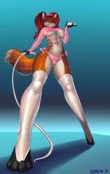 anthro bourbon._(artist) breasts cameltoe canine clothing collar dominatrix female first_person_view fox legwear looking_at_viewer mammal nipple_bulge panties rubber smile solo standing submissive submissive_pov thigh_highs underboob underwear whip wide_hips wide_stance