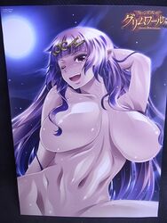 aoi_nagisa_(artist) aoi_nagisa_(metalder) breasts curvy female huge_breasts long_hair looking_at_viewer night nude photo_(medium) picture_of_picture pointy_ears purple_hair queen's_blade queen's_blade_grimoire red_eyes seiten_(queen's_blade) shiny_skin smile solo sweat tiara twintails watermark wink