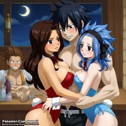 1boy 2girls ai_generated black_hair blue_hair brown_hair bunny_costume bunny_girl bunnysuit cana_alberona fairy_tail gray_fullbuster levy_mcgarden threesome throuple