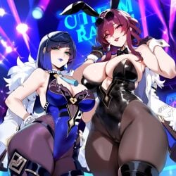 2girls ai_generated bangs bare_shoulders black_leotard bunny_ears bunny_tail bunnysuit cleavage covered_navel depressu eyewear_on_head genshin_impact gloves green_eyes honkai:_star_rail kafka_(honkai:_star_rail) large_breasts leotard light-skinned_female light_skin long_hair looking_at_viewer mature_female playboy_bunny purple_hair strapless strapless_leotard thick_thighs thighhighs thighs wrist_cuffs yelan_(genshin_impact)