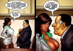 1boy 1girls big_breasts blacknwhitecomics breasts_bigger_than_head brown_hair cleavage comic dark-skinned_female dark_skin dialogue english_text female huge_breasts human human_only interracial light-skinned_male light_skin male mayor_white nipple_slip office_lady panels straight_hair tanya_jackson the_mayor ugly_man watermark yair