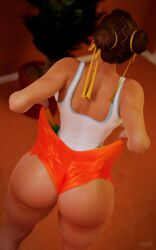 asian asian_female big_breasts big_butt big_thighs brick_wall brown_eyes brown_hair capcom chun-li orange_shorts paag plant snoopz street_fighter white_tank_top yellow_ribbon