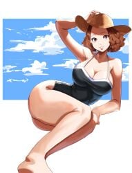 arm_up armpit bare_legs bare_thighs big_ass big_breasts brown_eyes brown_hair fluffy_hair haru_okumura hat looking_at_viewer lying lying_on_side one-piece_swimsuit persona persona_5 short_hair slim_waist swimsuit thick_thighs wide_hips xiiicaelum