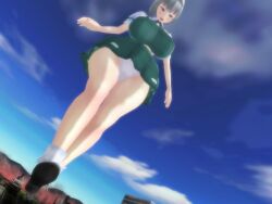 2019 3d 3d_(artwork) big_breasts breasts city city_destruction clothed clothed_female dress giantess giga_giantess green_dress konpaku_youmu light-skinned_female light_skin mikumikudance mmd soluvan_lunasa thick_thighs thighs touhou touhou_project underwear video_game_character white_underwear youmu_konpaku