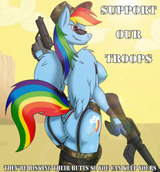 2013 american_flag anthro anthrofied army ass assault_rifle blue_feathers blue_fur breasts camo cloud cutie_mark day english_text equine eyewear feathered_wings feathers female friendship_is_magic fur furry garter_belt garter_straps gloves gun handgun hat highres jrvanesbroek looking_at_viewer looking_back m16 mammal multicolored_hair multicolored_tail my_little_pony nipples outdoors pegasus pistol purple_eyes rainbow_dash_(mlp) rainbow_hair rainbow_tail ranged_weapon rifle simple_background skimpy sky smile smirk solo straight_hair sunglasses text v-string weapon wings