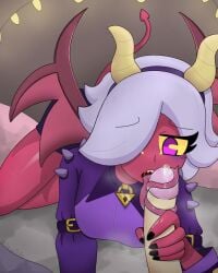 brawl_stars colette_(brawl_stars) demon demon_girl develicke handjob licking licking_penis red_body red_skin succubus thighs trixie_colette_(brawl_stars)