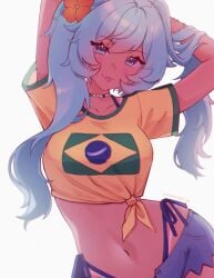 1girls blue_eyes blue_hair brazil brazilian brazilian_female brazilian_flag brazilian_flag_bikini brazilian_miku brazilian_tan brown_skin cute_face cute_girl dark-skinned_female dark_skin earrings flower flower_in_hair hatsune_miku hot long_hair micro_shorts mochitsuki_karen pigtails seducing seducing_viewer seduction seductive seductive_eyes seductive_gaze seductive_look seductive_mouth seductive_pose seductive_smile skinny skinny_female skinny_girl south_america south_american sunglasses sunglasses_on_head tan_lines tongue tongue_out vocaloid wedgie white_background