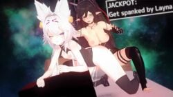 2girls 3d animal_ears animated arm_gloves ass big_breasts black_hair blush bouncing_breasts breasts collar crown elbow_gloves english_text feathermaple feet female_ejaculation filian filian_(vtuber) fingerless_gloves fox_ears green_eyes hair_ornament implied_futanari implied_penetration indie_virtual_youtuber large_breasts layna_lazar long_ears long_hair no_sound orgasm pointy_ears punishment purple_eyes pussy pussy_juice ripped_clothing sex shoes small_breasts space_background spamerino111 spanking sparkling_eyes squirting stars_in_eyes stockings strap-on tagme thighhighs toeless_legwear twitch video virtual_youtuber yuri