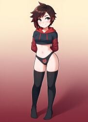 ai_generated arms_behind_back cropped_hoodie grey_eyes looking_to_the_side paggi_outfit panties red_theme redbreadalt ruby_rose rwby smile thighhighs two_tone_hair