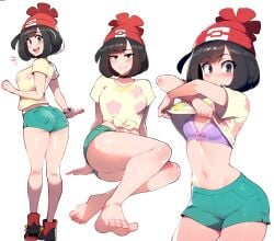 1girl 1girls ai_generated anemoi ass bare_legs bare_thighs black_hair blush blushing blushing_at_viewer blushing_female bob_cut bra breasts clothed clothed_female cute feet female female_focus female_only looking_at_viewer petite petite_body petite_breasts petite_female pokemon pov_eye_contact seductive seductive_look selene_(pokemon) shirt_lift short_hair short_shorts small_breasts solo solo_female solo_focus tagme thick_thighs