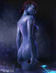 1girls ass awoken blood blue_body blue_eyes blue_skin breasts destiny_(game) destiny_2 female female_only fit_female glowing_blood glowing_eyes hi_res high_resolution highres knife looking_at_viewer looking_back looking_back_at_viewer nipples nude nude_female petra_venj red_hair skstalker solo solo_female tagme tattoo tattoo_on_arm tattooed_arm weapon