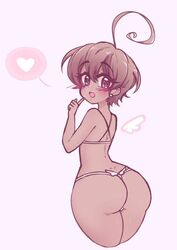 :d ass big_thighs brown_hair cute lingerie original_character panties peachpurin purple_eyes solo tagme thong white_background white_panties