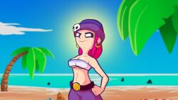 beach brawl_stars breasts clothed clothing female_only fully_clothed penny_(brawl_stars) pink_hair small_breasts smile smirk supercell