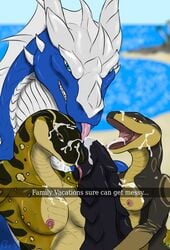 2017 anthro areola beach ben56 blue_eyes breasts brown_eyes cum cum_on_face dragon erection female grin group incest looking_at_viewer male nipple_piercing nipples open_mouth outside penis piercing reptile scalie seaside smile snake straight teeth tongue tongue_out water