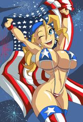 1girls 4th_of_july american_flag american_flag_bikini american_flag_legwear arms_above_head arms_up bandana bare_shoulders big_breasts bikini bikini_bottom bikini_top blonde_hair blue_eyes bracelet breasts busty capcom cleavage closed_eyes curvy detailed_background ear_piercing earrings female female_only fireworks flag flag_bikini footwear front_view holding_object hourglass_figure huge_breasts human large_breasts legwear long_hair looking_at_viewer manic47 midriff night one_eye_closed open_mouth outdoor outside piercing pose posing rival_schools shiny shiny_skin skimpy sling_bikini solo standing star_earrings stockings swimsuit tiffany_lords underboob video_game video_games voluptuous wide_hips wink yellow_hair