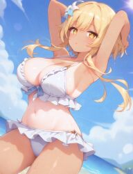 1girls ai_generated beach blonde_hair breasts cleavage female female_focus female_only genshin_impact large_breasts looking_at_viewer lumine_(genshin_impact) solo swimsuit tan_body tan_skin tanline thighs unajyu