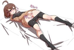 1girls ahoge arched_back ass ass_up ass_visible_through_thighs bed_sheet bike_shorts bike_shorts_pull black_legwear blush breasts breasts_apart brown_hair drooling erect_nipples exposed_pussy female female_only fingering hair_between_eyes hairless_pussy half-closed_eyes heart heavy_breathing infraton japanese_text light-skinned_female linne long_sleeves looking_pleasured lying masturbation nipple_bulge nose_blush on_back open_clothes open_mouth panties panties_down pants pants_down panty_pull perky_breasts pleasure_face purple_eyes pussy pussy_juice pussy_juice_drip rubbing rubbing_pussy saliva saliva_drip shaved_pussy shiny_skin short_hair skin_tight small_breasts socks solo spandex steam steamy_breath sweat sweatdrop sweater text thrusting tight_clothing tiptoes trembling uncensored under_night_in-birth underwear wet_pussy white_background white_skin