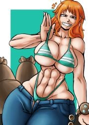 1girls abs bikini breasts charge_sol female female_only green_bikini jeans muscular_female nami nami_(one_piece) one_piece orange_hair post-timeskip solo solo_fem