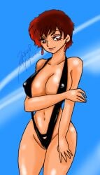 beach big_breasts big_breasts bikini black_swimsuit brown_hair earrings exhibitionism exposed_nipples female king_of_fighters lifting_own_clothes nipple nipple_bulge nipples_visible_through_clothing one-piece_swimsuit red_eyes short_hair swimsuit tan tan_body thick vice_(kof) visible_nipples