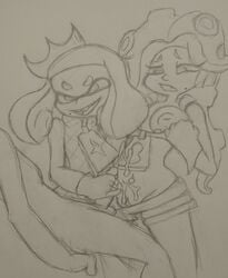 2girls beauty_mark breasts breasts_out cum female inkling inverted_nipples marina_(splatoon) mole mole_under_mouth monochrome multiple_girls nintendo pearl_(splatoon) penis pussy sketch splatoon splatoon_2 tentacle_hair ymmot392