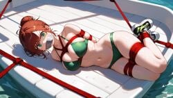 1girls ai_generated arms_tied_behind_back bikini boat bondage bound_ankles bound_legs gag gagged green_bra green_eyes green_panties laying_on_side looking_at_viewer on_boat on_side orange_hair predicament_bondage solo tape_gag