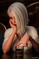 3d ashe_(overwatch) athletic athletic_female bar blankpins clothed clothed_female fit_female lipstick lipstick_mark moody overwatch red_eyes red_lipstick restaurant romantic sad sfw shirt silver_hair toned toned_female whiskey whiskey_glass white_hair white_shirt wrist_cuffs