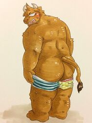 anthro ass big_butt bovine cattle clothed clothing colored donuts72 male male_only mammal pants_down partially_clothed rear_blush simple_background solo underwear white_background