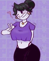 artist_request big_breasts black_hair breasts clothed curves earrings jaiden_animations jaidenanimations jaidens_mom loose_clothes lynn_dittfach midriff milf purple_background purple_theme solo tagme tagme_(artist) text_background v wink