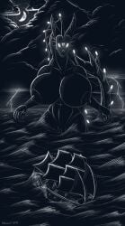 abs ahkvenir anthro aquatic_dragon big_breasts bioluminescence black_and_white breasts cloud dragon ear_frill electricity female fin flukes frill_(anatomy) genitals gills glowing glowing_eyes hi_res horn huge_breasts lightning line_art macro marine monochrome moon mythological_creature mythological_scalie mythology night nipples outside pussy sailing_ship sailing_watercraft scalie sea ship solo storm tail tail_fin vehicle water watercraft