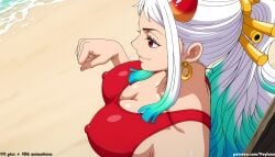 1girl 1girls absurd_res ai_assisted ai_generated anime beach blue_hair covered_nipples curvaceous curvy curvy_figure gradient_hair high_resolution highres horns hourglass_figure large_breasts light-skinned_female long_hair looking_to_the_side one-piece_swimsuit one_piece outdoors patreon patreon_logo patreon_username ponytail red_eyes red_horns red_swimsuit solo sweat swimsuit upper_body voluptuous white_hair yamato_(one_piece)