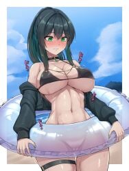 bikini bikini_top_only black_bikini black_choker black_jacket blue_sky blush border breasts choker cleavage closed_mouth cloud collarbone cropped_jacket day female green_eyes green_hair highres hiruno holding holding_swim_ring innertube jacket large_breasts navel open_clothes open_jacket original outdoors outside_border pussy see-through sky solo swim_ring swimsuit thigh_strap wet white_border yuina_(hiruno)