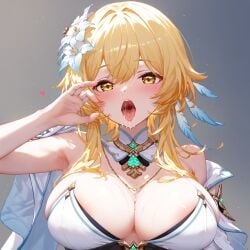 absurd_res ai_generated detached_sleeves dress fellatio_gesture genshin_impact large_breasts looking_at_viewer lumine_(genshin_impact) ministro necklace open_mouth oral_invitation saliva saliva_trail sidelocks tongue tongue_out upper_body