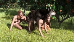 1animal 2girls 3d all_fours ambiguous_penetration apple assisted_sex basket brown_hair canine doggy_style female_pubic_hair feral feral_on_female grass jaydog nude on_grass outdoors sex wolf zoophilia